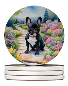 French Bulldog Spring Path Large Sandstone Coasters Pack of 4 Absorbent Round Coasters Decor Gifts for Men or Women, 4 in, Multicolor
