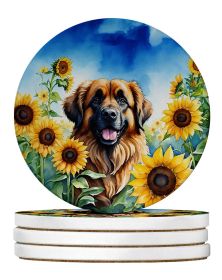Leonberger in Sunflowers Large Sandstone Coasters Pack of 4 Absorbent Round Coasters Decor Gifts for Men or Women, 4 in, Multicolor