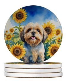 Lhasa Apso in Sunflowers Large Sandstone Coasters Pack of 4 Absorbent Round Coasters Decor Gifts for Men or Women, 4 in, Multicolor