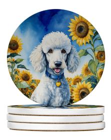 White Poodle in Sunflowers Large Sandstone Coasters Pack of 4 Absorbent Round Coasters Decor Gifts for Men or Women, 4 in, Multicolor
