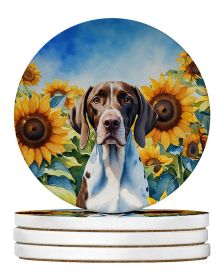 Pointer in Sunflowers Large Sandstone Coasters Pack of 4 Absorbent Round Coasters Decor Gifts for Men or Women, 4 in, Multicolor