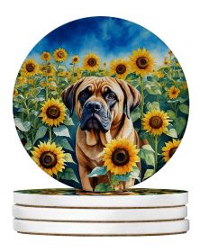 Mastiff in Sunflowers Large Sandstone Coasters Pack of 4 Absorbent Round Coasters Decor Gifts for Men or Women, 4 in, Multicolor
