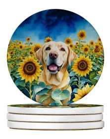Labrador Retriever in Sunflowers Large Sandstone Coasters Pack of 4 Absorbent Round Coasters Decor Gifts for Men or Women, 4 in, Multicolor